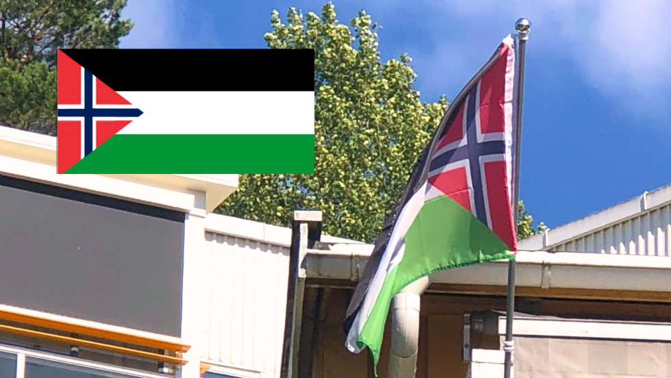 THE UNOFFICIAL FLAG, where a triangular Norwegian flag, with a cross, is incorporated into the Palestinian flag, hangs, among other things, on a balcony in Oslo, Norway. Inset, a photo of the flag sold in a Norwegian online shop. Photo: Image sent to Verdinytt / screenshot from the online shop / Verdinytt collage